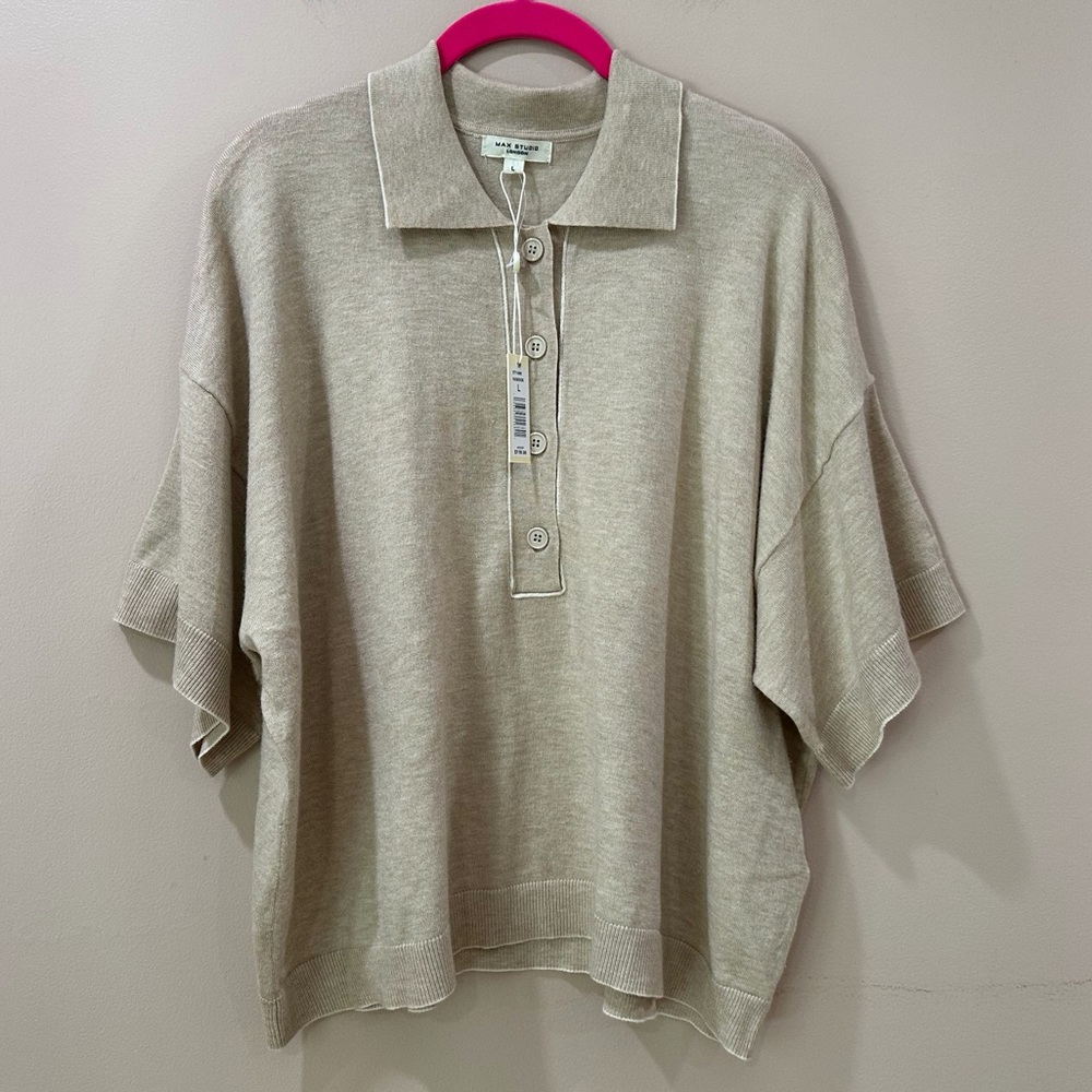NWT Max Studio Natural Boxy Polo Sweater Short Sleeve Collared Knit Women Large